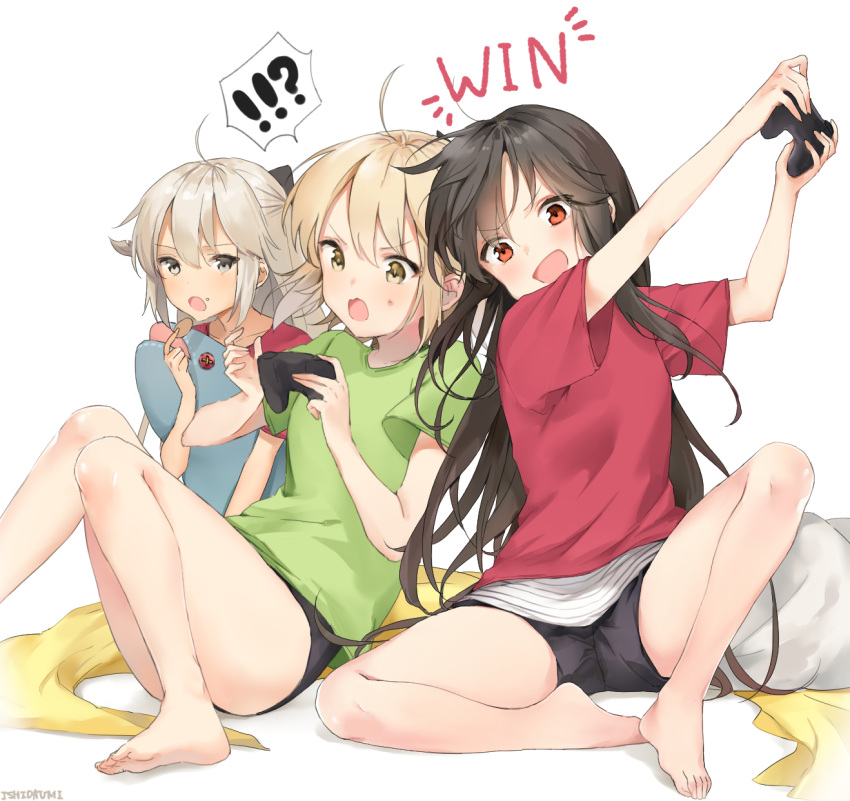 3girls ahoge alternate_costume artist_name bangs barefoot black_hair black_ribbon black_shorts blanket blonde_hair casual chips commentary contemporary controller eating english_commentary english_text fate/grand_order fate_(series) food game_controller grey_eyes hair_ribbon highres ishita_umi long_hair multiple_girls object_hug oda_nobunaga_(fate) okita_souji_(alter)_(fate) okita_souji_(fate) okita_souji_(fate)_(all) open_mouth pillow platinum_blonde_hair playing_games potato_chips red_eyes ribbon shirt short_hair short_shorts shorts signature simple_background sitting stuffed_animal stuffed_shark stuffed_toy sweatdrop t-shirt very_long_hair white_background yellow_eyes