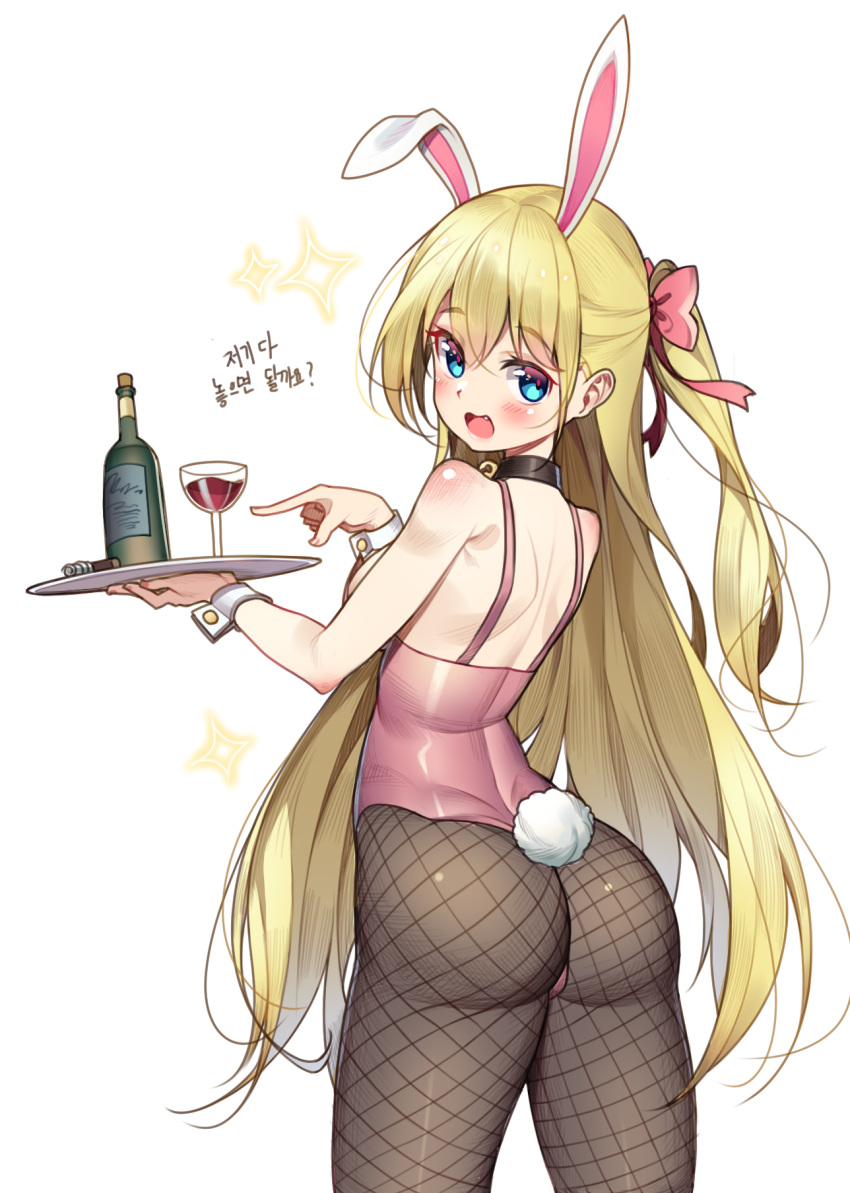 1girl alcohol animal_ears ass backless_outfit bangs bare_shoulders bell bell_collar black_legwear blonde_hair blue_eyes bottle bunny_girl bunnysuit collar cork corkscrew cup drinking_glass fake_animal_ears fang fishnet_pantyhose fishnets from_behind hair_ribbon highres holding holding_tray hop3 leotard long_hair looking_at_viewer open_mouth original pantyhose pink_ribbon pointing rabbit_ears ribbon side_ponytail sidelocks simple_background solo standing tray twisted_torso very_long_hair white_background wine wine_bottle wine_glass wrist_cuffs