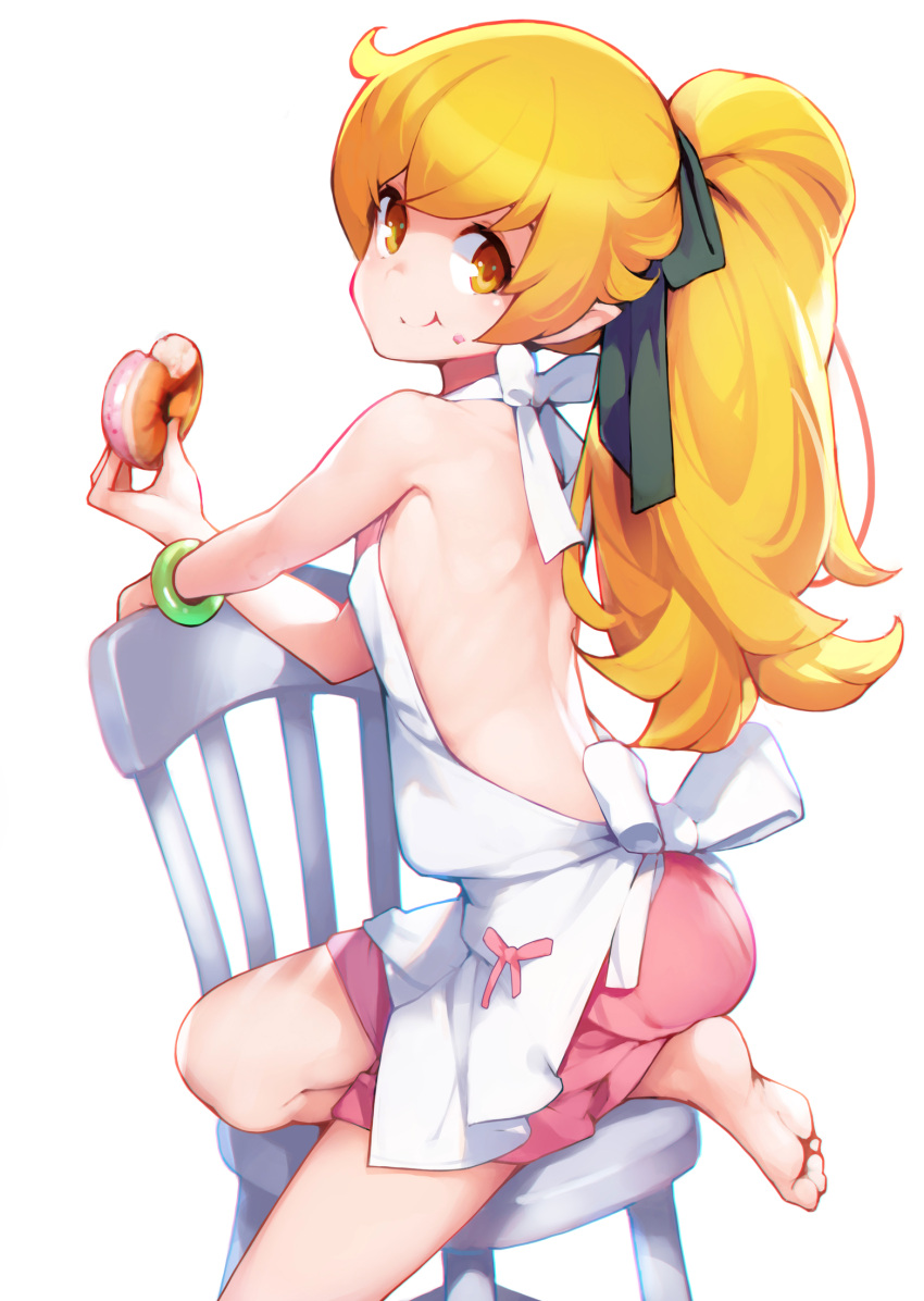 1girl :t ataruman backless_outfit bakemonogatari bare_back bare_legs bare_shoulders barefoot black_ribbon blonde_hair chair commentary_request doughnut eating food hair_ornament highres long_hair looking_at_viewer monogatari_(series) orange_eyes oshino_shinobu pink_shorts pointy_ears ponytail ribbon shorts simple_background smile solo white_background