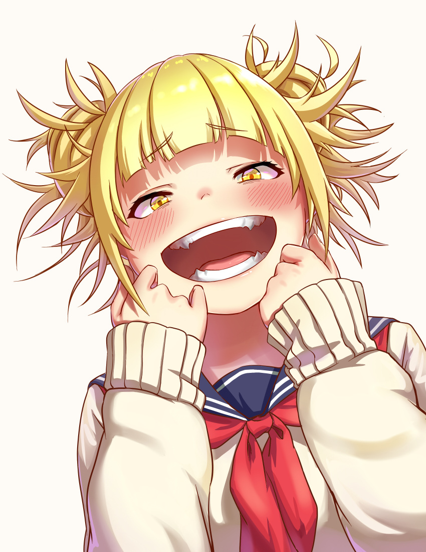 1girl absurdres artist_request bangs blonde_hair blunt_bangs blush boku_no_hero_academia commentary_request double_bun eyebrows_visible_through_hair fangs highres long_sleeves looking_at_viewer messy_hair open_mouth school_uniform serafuku short_hair simple_background smile solo toga_himiko white_background yellow_eyes