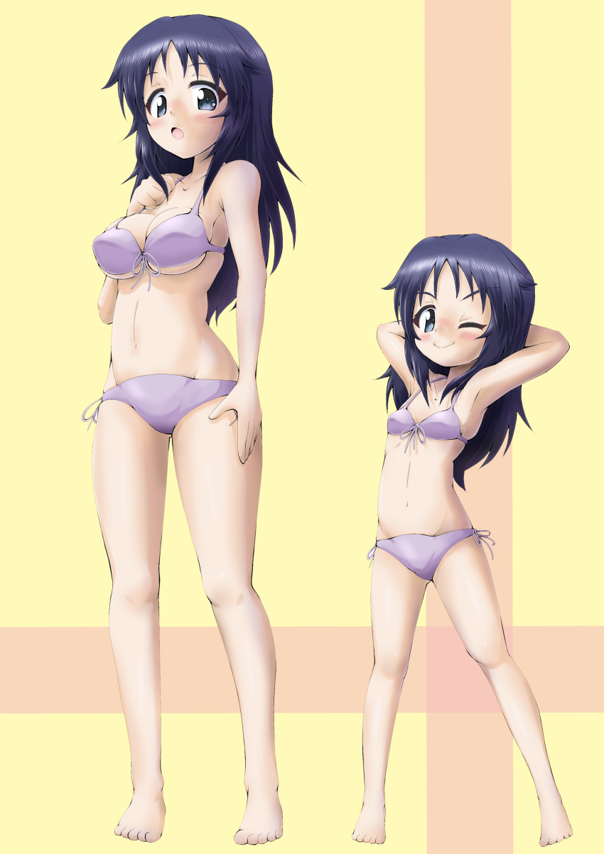 2girls :o ;) absurdres actas_(studio) adult armpits arms_behind_head arms_up ass_visible_through_thighs bangs barefoot bikini blue_eyes blue_hair blush breasts child closed_mouth commentary daxz240r dual_persona freckles front-tie_bikini front-tie_top girls_und_panzer groin hand_on_own_chest highres legs long_hair looking_at_viewer media_factory medium_breasts multiple_girls navel one_eye_closed open_mouth purple_bikini side-tie_bikini small_breasts smile standing swimsuit time_paradox tokyo_mx v-shaped_eyebrows yamagou_ayumi yellow_background younger