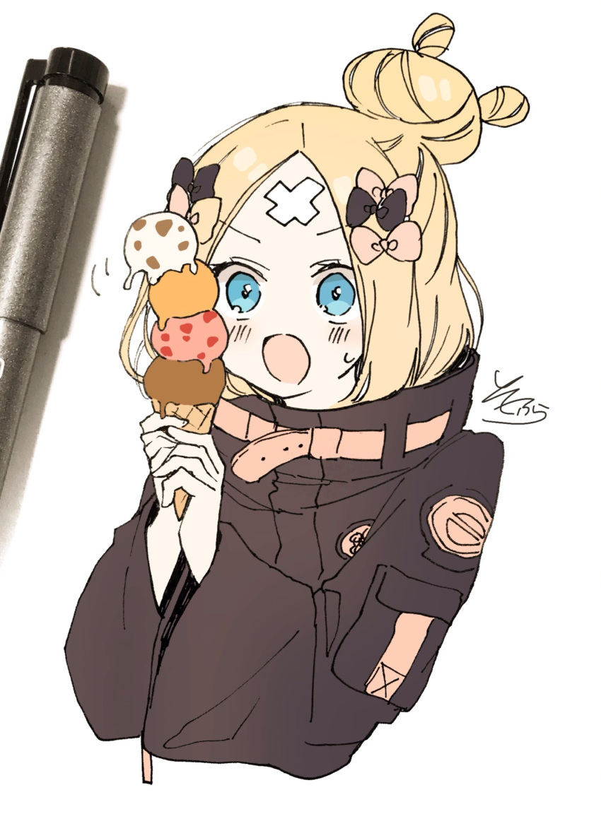 1girl abigail_williams_(fate/grand_order) bangs black_bow black_jacket blonde_hair blue_eyes blush bow cropped_torso crossed_bandaids eyebrows_visible_through_hair fate/grand_order fate_(series) food hair_bow hair_bun hands_up heroic_spirit_traveling_outfit highres holding holding_food ice_cream_cone jacket long_hair long_sleeves looking_away open_mouth orange_bow parted_bangs photo quadruple_scoop signature simple_background sofra solo sweat traditional_media upper_body white_background