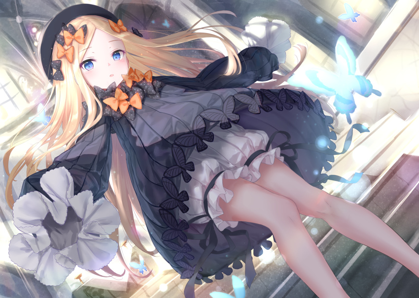 1girl abigail_williams_(fate/grand_order) animal bangs black_bow black_dress black_headwear blonde_hair bloomers blue_eyes blush bow bug butterfly dress dutch_angle eyebrows_visible_through_hair fate/grand_order fate_(series) forehead hair_bow hat indoors insect kachayori long_hair long_sleeves looking_at_viewer orange_bow parted_bangs parted_lips polka_dot polka_dot_bow ribbed_dress sleeves_past_fingers sleeves_past_wrists solo stairs stone_stairs underwear very_long_hair white_bloomers window