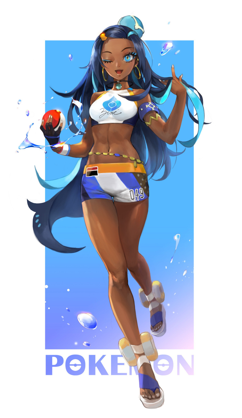 1girl absurdres black_hair blue_background blue_eyes blue_hair breasts check_commentary commentary_request copyright_name dark_skin earrings full_body gloves hair_bun highres hoop_earrings jewelry long_hair looking_at_viewer medium_breasts multicolored_hair navel necklace one_eye_closed poke_ball pokemon pokemon_(game) pokemon_swsh rurina_(pokemon) simple_background single_glove solo swimsuit taak_choi two-tone_background two-tone_hair water white_background