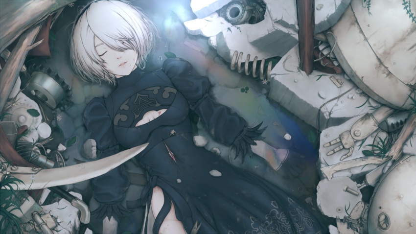 1girl bangs black_dress black_hairband breasts broken cleavage_cutout closed_eyes closed_mouth dress english_commentary feather-trimmed_sleeves gloves hair_over_one_eye hairband half_gloves injury juliet_sleeves long_sleeves lying medium_breasts mole mole_under_mouth nier_(series) nier_automata no_blindfold on_back puffy_sleeves rubble solo stealthmaria torn_clothes vambraces white_hair yorha_no._2_type_b