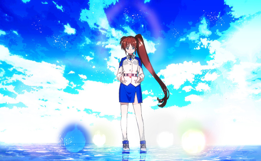 1girl ankle_boots ascot aura belt black_belt blue_eyes blue_neckwear blue_skirt blue_sky boots brown_hair bygddd5 closed_mouth clouds cloudy_sky commentary cross-laced_footwear day dress_shirt eyebrows_visible_through_hair highres jacket light_particles long_hair long_sleeves looking_at_viewer lyrical_nanoha magic mahou_shoujo_lyrical_nanoha_strikers military military_uniform miniskirt necktie pencil_skirt raising_heart shirt side_ponytail side_slit skirt sky smile solo standing standing_on_liquid takamachi_nanoha thigh-highs tsab_air_military_uniform uniform water white_footwear white_jacket white_legwear white_shirt wing_collar