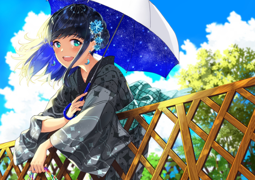 1girl :d black_hair blue_sky blurry blurry_background blush braid clouds cloudy_sky commentary_request crescent crescent_earrings day depth_of_field earrings fence fingernails green_eyes grey_kimono hair_ornament holding holding_umbrella japanese_clothes jewelry kimono long_hair long_sleeves looking_at_viewer miyabi_akino open_mouth original outdoors round_teeth sidelocks sky smile solo teeth tree umbrella upper_teeth white_umbrella wide_sleeves yukata