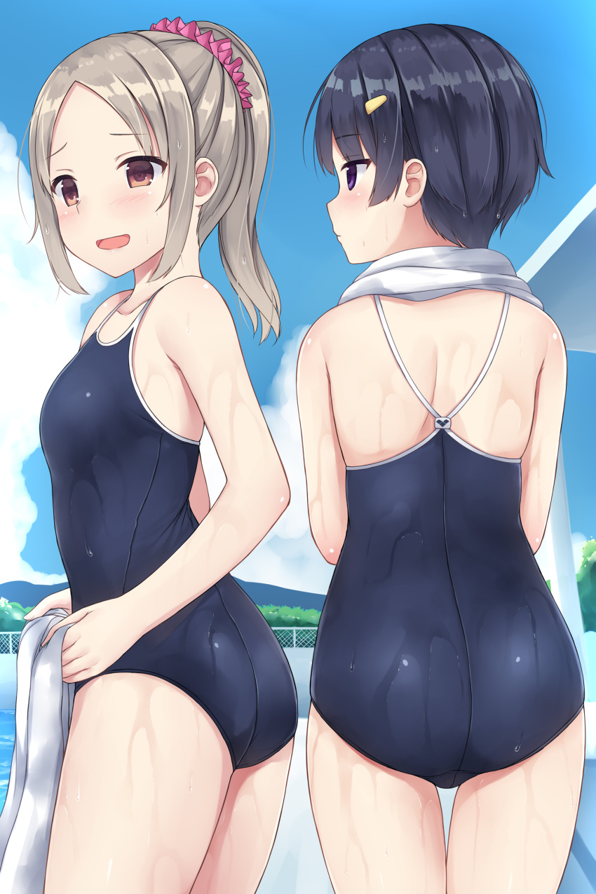 2girls :d ass bangs bare_arms bare_shoulders black_hair black_swimsuit blue_sky blush brown_hair closed_mouth clouds collarbone commentary_request competition_school_swimsuit day eyebrows_visible_through_hair from_behind hair_ornament hair_scrunchie hairclip highres holding holding_towel looking_at_viewer looking_to_the_side mizunashi_kenichi mountainous_horizon multiple_girls open_mouth original outdoors parted_bangs poolside profile scrunchie short_hair silver_hair skindentation sky smile swimsuit thigh_gap towel towel_around_neck violet_eyes water wet