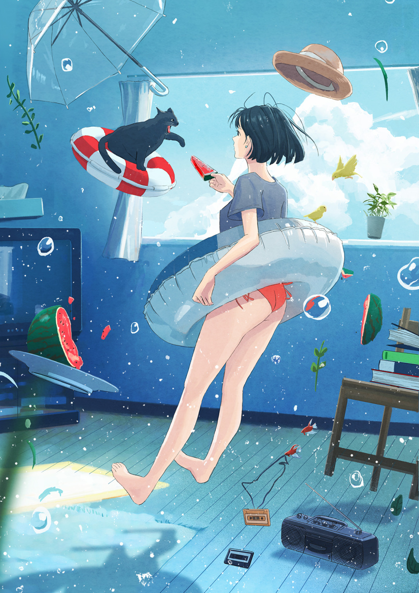 1girl barefoot bikini_bottom black_cat black_hair blue_sky book bubble cassette_player cassette_tape cat chair clouds curtains earrings fish floating food fruit hat highres innertube jewelry nakamura_yukihiro original plant potted_plant rug shirt sky t-shirt television tissue_box underwater watermelon window