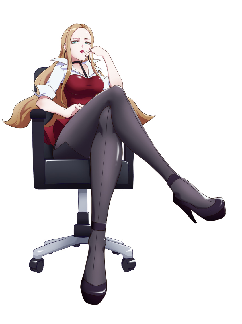 1girl absurdres black_footwear black_legwear black_skirt blonde_hair blue_eyes breasts chanakim choker crossed_legs earrings forehead hand_up highres hoop_earrings jewelry long_hair looking_at_viewer makeup medium_breasts olive_(pokemon) pantyhose pokemon pokemon_(game) pokemon_swsh red_nails simple_background sitting skirt solo swivel_chair very_long_hair