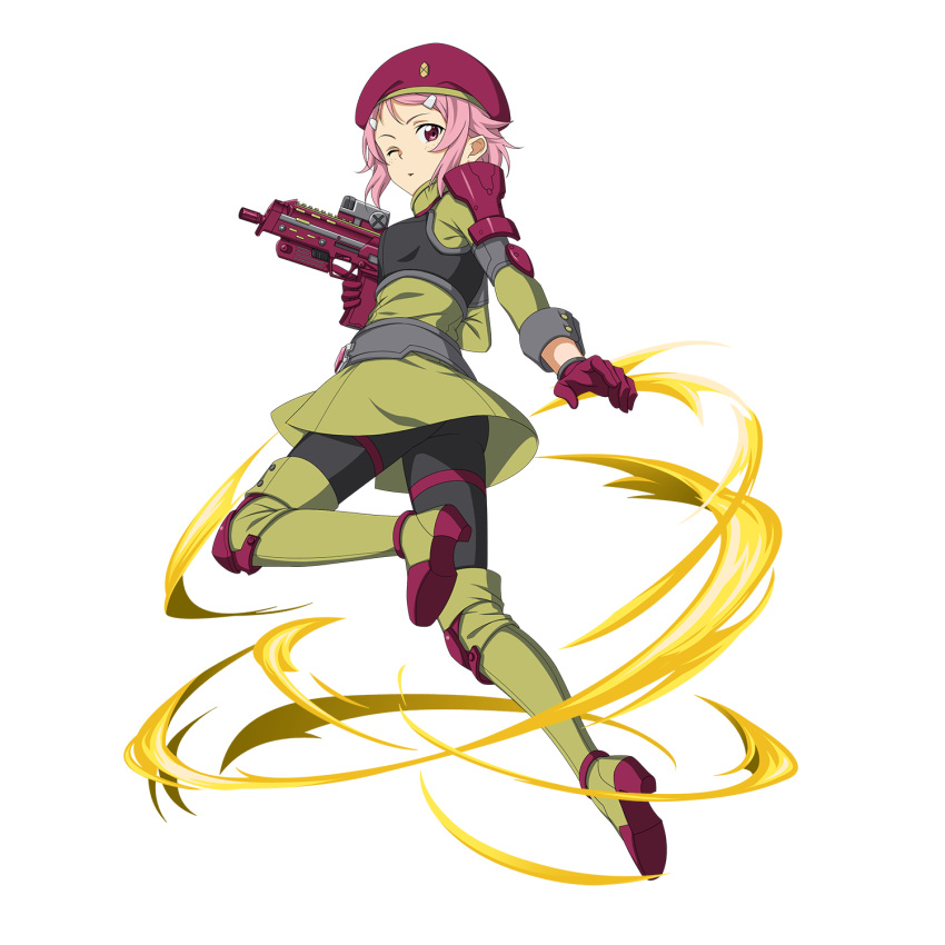 1girl black_pants boots full_body gloves green_footwear green_jacket gun hair_ornament hairclip hat highres holding holding_gun holding_weapon jacket leg_up lisbeth looking_at_viewer military_jacket official_art one_eye_closed pants pink_eyes pink_hair red_gloves red_headwear rifle short_hair solo sword_art_online thigh-highs thigh_boots transparent_background weapon