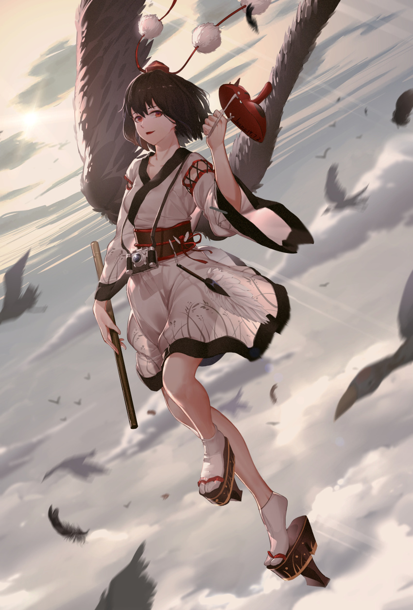 1girl above_clouds absurdres artist_name bird bird_wings black_hair camera chinese_commentary clouds commentary_request dated detached_sleeves dutch_angle english_commentary feather_fan feathered_wings feathers floating geta hair_between_eyes hat highres holding holding_mask holding_stick kourindou_tengu_costume leg_lift luomo mask mixed-language_commentary motion_blur obi parted_lips pom_pom_(clothes) red_eyes sash shameimaru_aya short_hair sky solo standing tabi tengu-geta tengu_mask tokin_hat touhou white_legwear wings