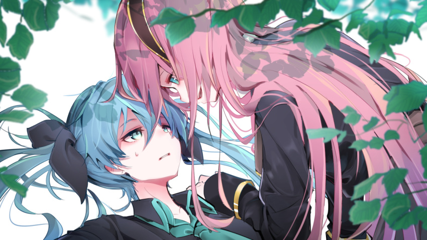 2girls aqua_neckwear black_bow blue_eyes blue_hair blurry blurry_background blurry_foreground bow collared_shirt commentary depth_of_field forehead-to-forehead hair_bow half-closed_eyes hand_on_another's_shoulder hatsune_miku jacket leaf long_hair looking_at_another lying megurine_luka multiple_girls necktie on_back parted_lips pink_hair shadow shirt smile sweat twintails upper_body vocaloid wanaxtuco white_background yuri