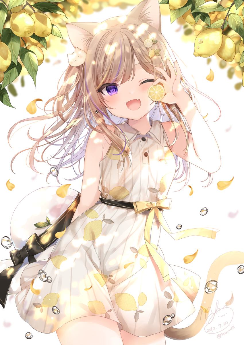 1girl ;d animal_ears arm_behind_back bangs bare_arms bare_shoulders black_bow blush bow brown_hair cat_ears collared_dress commentary_request dress eyebrows_visible_through_hair fang food fruit hand_up highres holding holding_food lemon lemon_slice long_hair mafuyu_(chibi21) multicolored_hair one_eye_closed open_mouth original petals purple_hair simple_background sleeveless sleeveless_dress smile solo streaked_hair twitter_username violet_eyes white_background white_dress yellow_bow