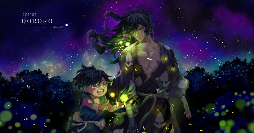 1boy 1girl abs androgynous artist_name bandages black_hair brown_eyes bug dated dororo_(character) dororo_(tezuka) firefly flat_chest hair_over_one_eye highres hyakkimaru_(dororo) insect japanese_clothes long_hair looking_at_another looking_at_viewer night night_sky open_mouth outdoors pointing ponytail prosthesis prosthetic_arm sepo0122 shirt_tug sky smile star_(sky) starry_sky sword weapon