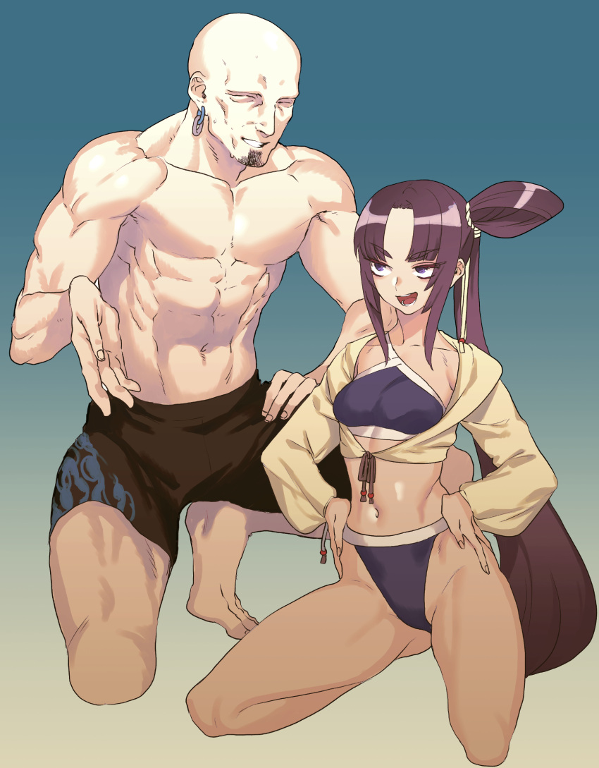 1boy 1girl abs bald bangs blue_swimsuit closed_eyes cropped_jacket cropped_legs earrings eyebrows_visible_through_hair facial_hair fate/grand_order fate_(series) forehead goatee hands_on_hips height_difference highres jewelry long_hair male_swimwear musashibo_benkei_(fate/grand_order) muscle navel open_mouth parted_bangs pectorals purple_hair rokkotsu side_ponytail single_strap swim_trunks swimsuit swimwear tankini ushiwakamaru_(fate/grand_order) ushiwakamaru_(swimsuit_assassin)_(fate) very_long_hair violet_eyes