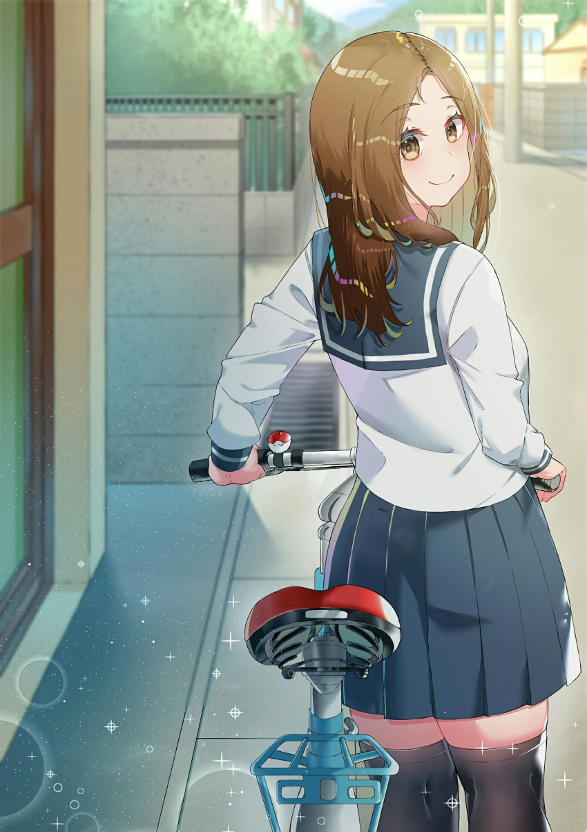 1girl bangs bicycle black_legwear blue_skirt blurry blurry_background brown_eyes brown_hair day genm7 ground_vehicle highres karakai_jouzu_no_takagi-san long_hair looking_at_viewer looking_back outdoors parted_bangs school_uniform serafuku shirt sidewalk skirt smile solo standing takagi-san thigh-highs white_shirt