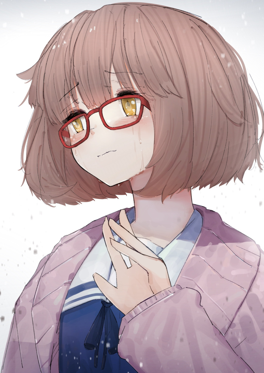 1girl ano54 bangs blue_neckwear blue_shirt brown_eyes brown_hair cardigan commentary copyright_request crying crying_with_eyes_open english_commentary eyebrows_visible_through_hair glasses gradient gradient_background grey_background hand_up highres kyoto_animation long_sleeves open_cardigan open_clothes pink_cardigan red-framed_eyewear sailor_collar shirt short_hair sleeves_past_wrists solo tears upper_body white_background white_sailor_collar