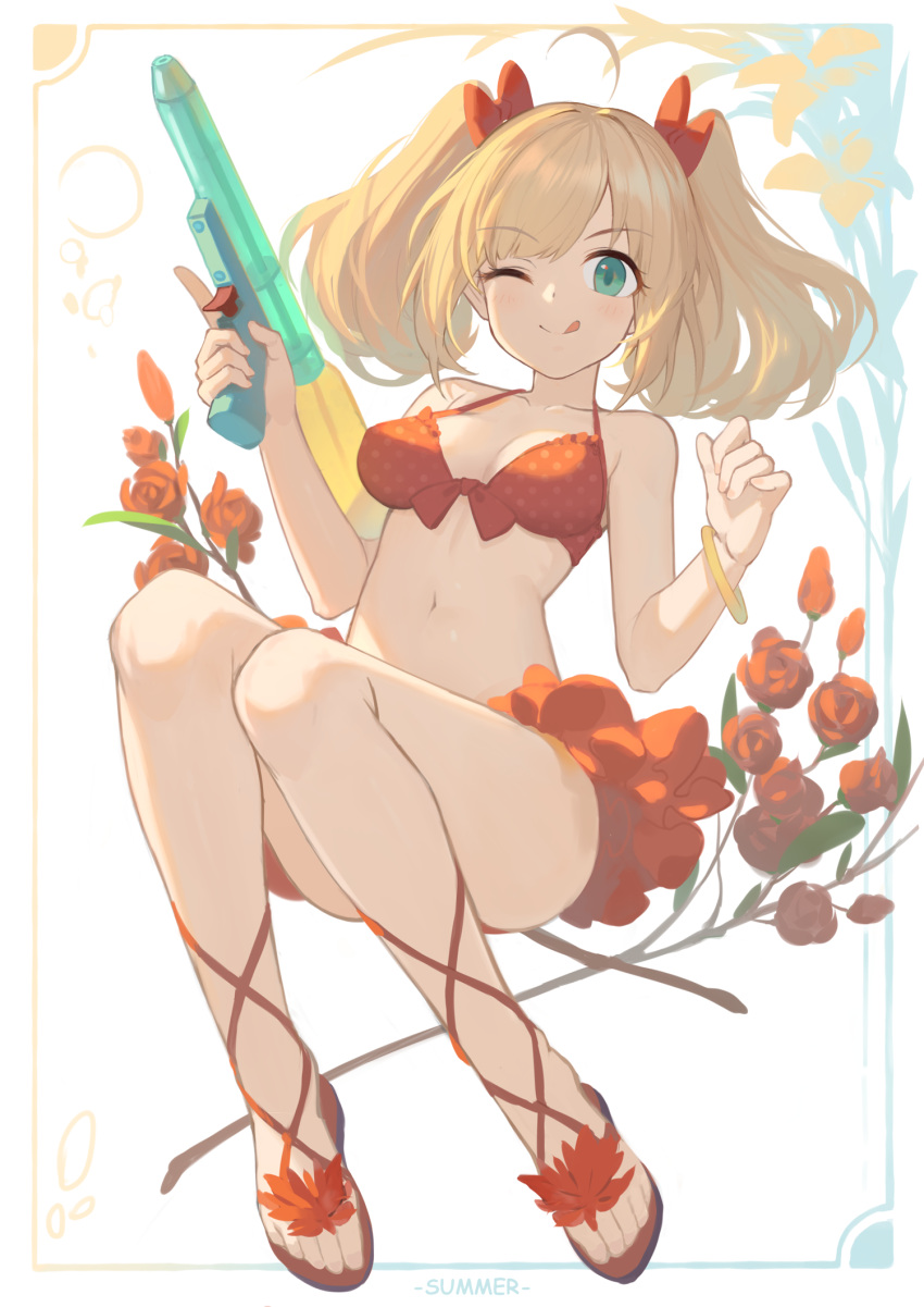 1girl ;q bangle bare_shoulders bikini blonde_hair blush bow bracelet breasts brown_footwear closed_mouth collarbone commentary english_commentary english_text flower full_body green_eyes hair_bow highres holding idolmaster idolmaster_cinderella_girls jewelry medium_breasts navel one_eye_closed red_bikini red_bow red_flower red_rose rose sandals satou_shin smile solo swimsuit tongue tongue_out twintails water_gun white_background yuri_shoutu