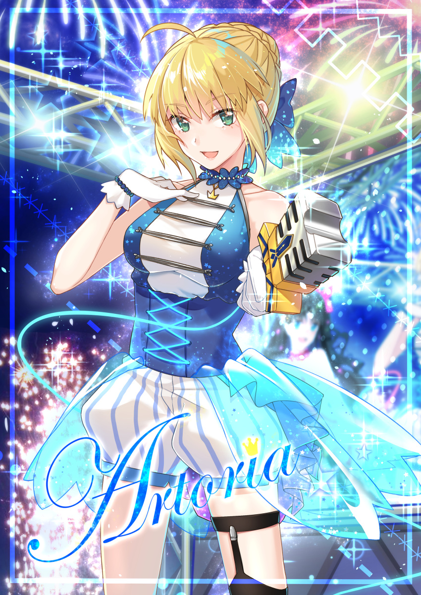 1girl :d absurdres ahoge alternate_costume artoria_pendragon_(all) bangs black_legwear blonde_hair blue_bow bow bracelet braid breasts bustier character_name choker collarbone crown_braid excalibur eyebrows_visible_through_hair fate/stay_night fate_(series) fireworks garter_straps gloves green_eyes hair_bow hair_bun highres holding holding_microphone huge_filesize idol jewelry kotatsu_kaya looking_at_viewer medium_breasts microphone open_mouth overskirt saber see-through short_hair short_shorts shorts sleeveless smile solo stage standing striped thigh-highs thigh_strap tied_hair vertical-striped_shorts vertical_stripes white_gloves white_shorts