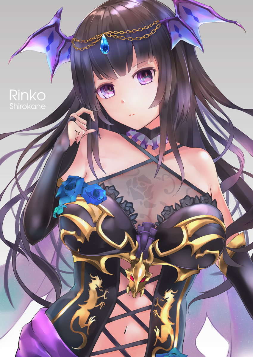 1girl bang_dream! bangs black_bridal_gauntlets black_hair blue_flower blue_rose breasts bridal_gauntlets cape character_name corsage cross-laced_clothes detached_collar fantasy flower gem grey_background halterneck head_chain head_wings highres kie_(yospcd) long_hair looking_at_viewer medium_breasts navel navel_cutout rose shirokane_rinko solo violet_eyes