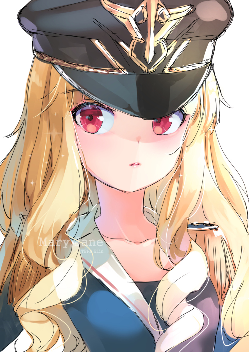 1girl blonde_hair blue_jacket collarbone curly_hair elin_(tera) emily_(pure_dream) epaulettes hat highres jacket long_hair red_eyes solo tera_online upper_body