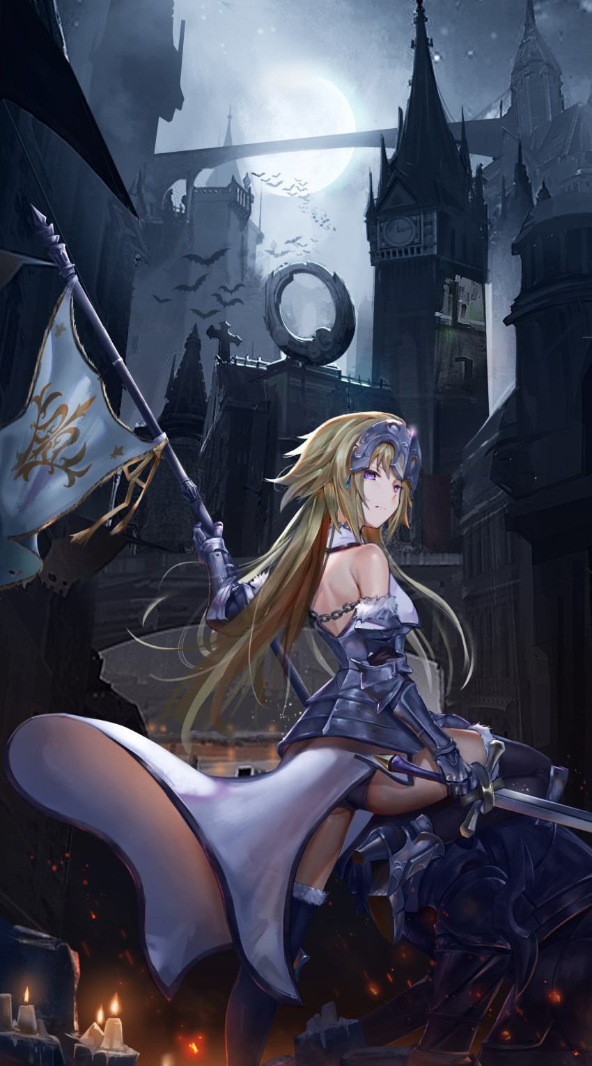 1girl absurdres armor armored_boots armored_dress banner black_legwear black_panties blonde_hair boots detached_sleeves fate/apocrypha fate_(series) floating_hair from_behind full_moon fur-trimmed_legwear fur-trimmed_sleeves fur_trim gauntlets highres holding holding_sword holding_weapon jeanne_d'arc_(fate) jeanne_d'arc_(fate)_(all) long_hair long_sleeves looking_at_viewer moon night outdoors panties shi_qi_kuang_beng shoulder_blades solo standing sword thigh-highs underwear very_long_hair violet_eyes weapon