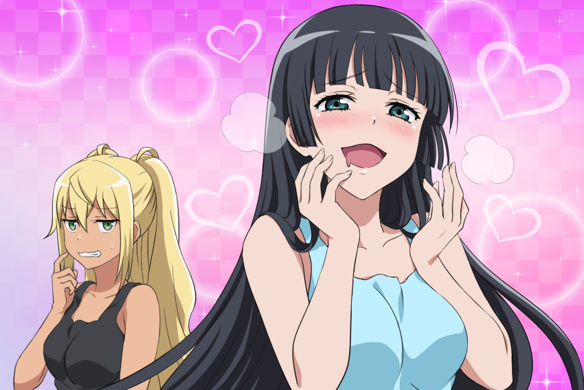 2girls bangs bare_shoulders black_hair black_tank_top blonde_hair blue_eyes blunt_bangs blush breasts checkered checkered_background commentary_request danberu_nan_kiro_moteru? dark_skin female_pervert green_eyes half-closed_eyes heart highres looking_at_viewer misakam5 multiple_girls open_mouth pervert pink_background sakura_hibiki_(danberu_nan_kiro_moteru?) shorts simple_background smile souryuuin_akemi sweatdrop tan twintails wavy_mouth weightlifting