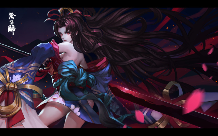 1girl absurdres bangs bare_shoulders black_hair blue_kimono breasts commentary_request fourzhou from_behind highres japanese_clothes kimono long_hair long_sleeves looking_at_viewer night onmyoji outdoors parted_bangs red_eyes sleeves_past_fingers sleeves_past_wrists solo translated very_long_hair wavy_hair weapon youtouhime