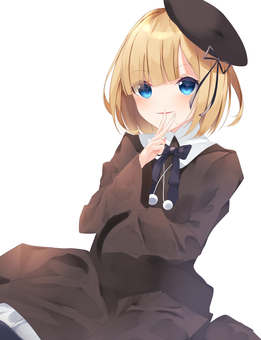 1girl absurdres bangs beret black_bow black_headwear black_ribbon blonde_hair blue_eyes bow brown_dress collared_dress commentary_request dress eyebrows_visible_through_hair fate_(series) fingernails hand_up hat highres long_sleeves looking_at_viewer lord_el-melloi_ii_case_files parted_lips pom_pom_(clothes) reines_el-melloi_archisorte ribbon simple_background smile solo suisen-21 tilted_headwear v white_background wide_sleeves