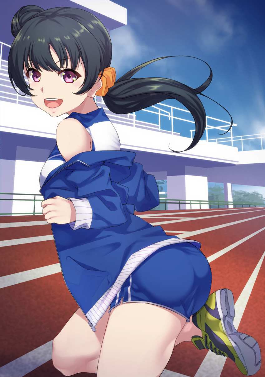 1girl :d ass bangs bare_shoulders blue_hair commentary_request eyebrows_visible_through_hair gym_shorts hair_ornament hair_scrunchie highres jacket long_hair looking_at_viewer love_live! love_live!_sunshine!! open_clothes open_jacket open_mouth orange_scrunchie ponytail scrunchie shoes shorts side_bun smile sneakers solo track track_jacket track_uniform tsushima_yoshiko violet_eyes yamaori_(yamaorimon)