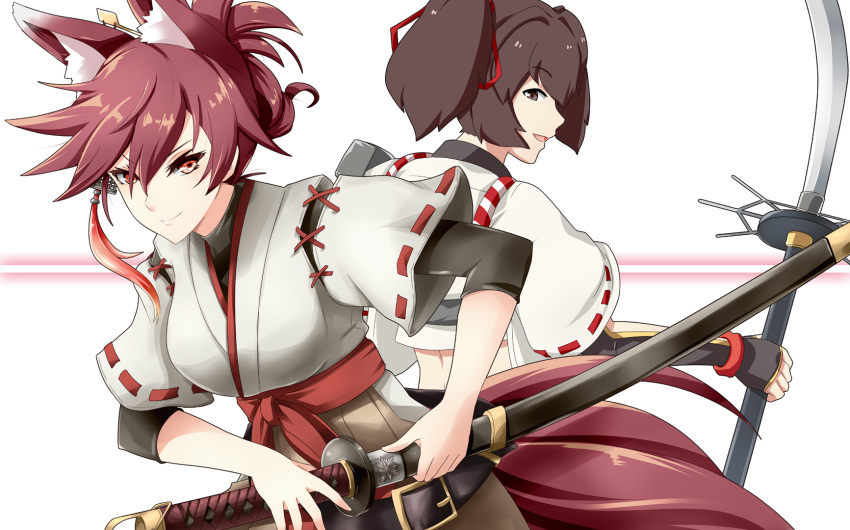 2girls animal_ears azur_lane back-to-back brown_eyes brown_hair brown_hakama commentary_request cosplay crossover detached_sleeves fox_ears fox_tail gudon_(iukhzl) hair_ribbon hakama highres ise_(azur_lane) ise_(kantai_collection) ise_(kantai_collection)_(cosplay) japanese_clothes kantai_collection katana long_hair multiple_girls naginata namesake polearm ponytail ribbon sheath short_hair sword tail undershirt weapon white_background