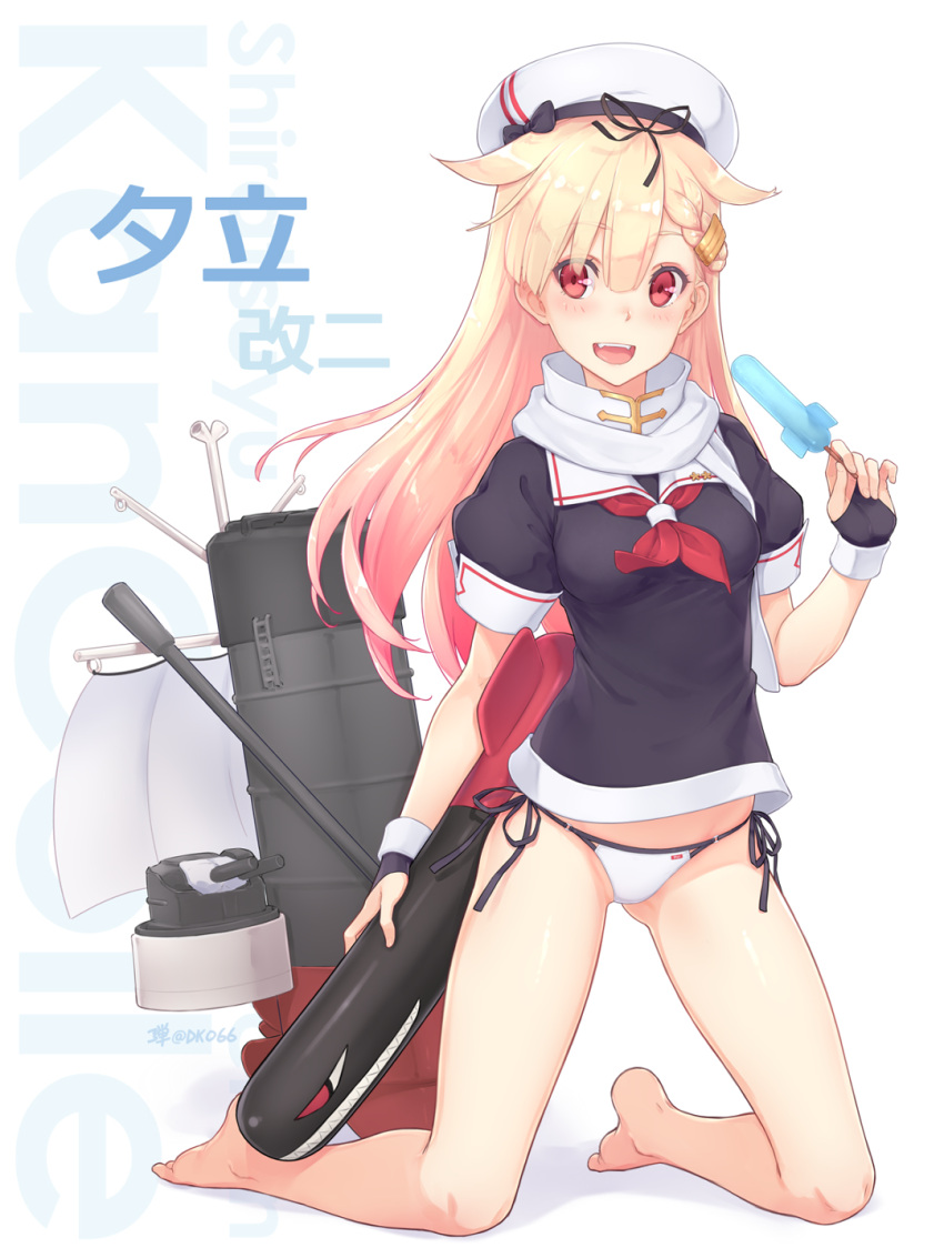 1girl :d bangs barefoot bikini bikini_bottom black_ribbon black_serafuku blonde_hair blush braid breasts dan_(kumadan) eyebrows_visible_through_hair fangs food full_body hair_between_eyes hair_flaps hair_ornament hair_ribbon hairclip highres kantai_collection long_hair looking_at_viewer medium_breasts open_mouth popsicle red_eyes remodel_(kantai_collection) ribbon scarf school_uniform serafuku short_sleeves side-tie_bikini single_braid smile smokestack solo swimsuit torpedo turret very_long_hair yuudachi_(kantai_collection)