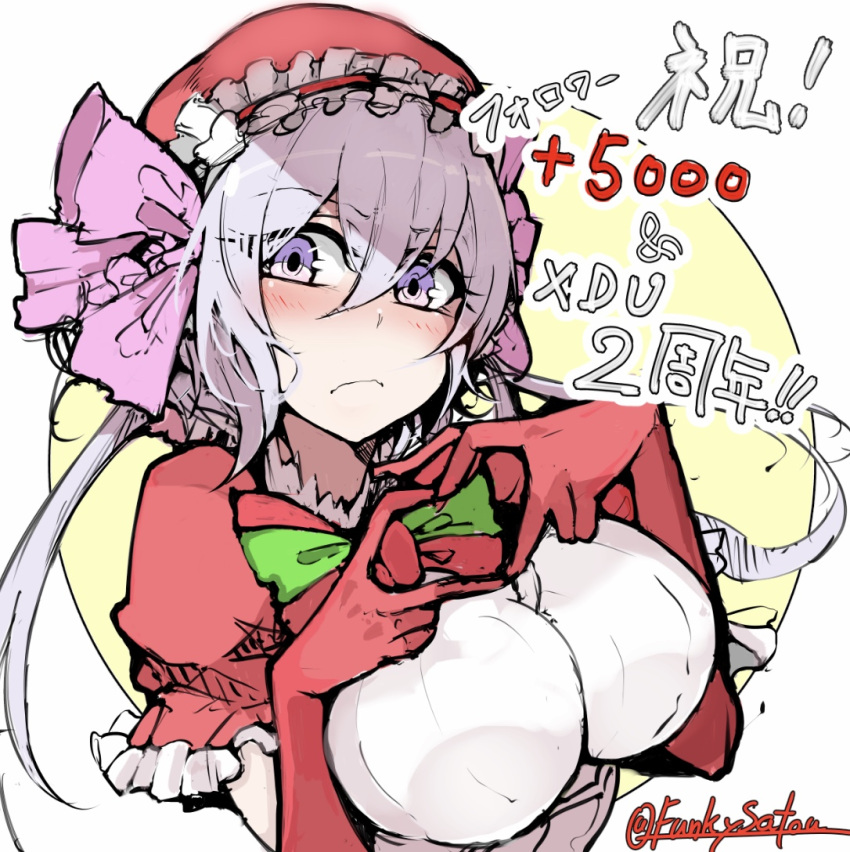 1girl alternate_costume bow breasts commentary_request frown funkysatou gloves hair_between_eyes hair_bow heart heart_hands large_breasts long_hair looking_at_viewer low_twintails pink_bow puffy_short_sleeves puffy_sleeves purple_bow purple_hair red_bow red_gloves red_headwear scrunchie senki_zesshou_symphogear senki_zesshou_symphogear_xd_unlimited short_sleeves solo translation_request twintails twitter_username violet_eyes wavy_mouth yukine_chris