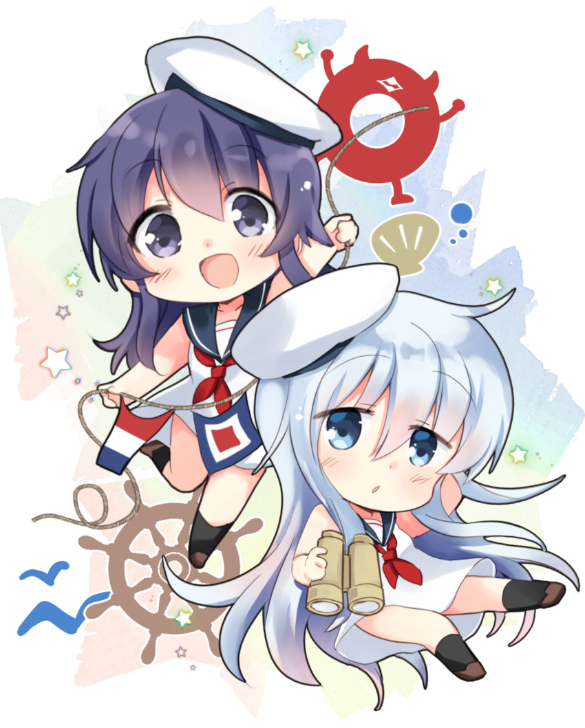 2girls akatsuki_(kantai_collection) bare_arms bare_shoulders binoculars black_sailor_collar blue_eyes chibi dress enemy_lifebuoy_(kantai_collection) hair_between_eyes hat hibiki_(kantai_collection) highres hizuki_yayoi kantai_collection long_hair messy_hair multiple_girls necktie open_mouth purple_hair red_neckwear sailor_collar sailor_dress sailor_hat scallop ship's_wheel silver_hair sleeveless sleeveless_dress smile string_of_flags violet_eyes white_background white_dress white_headwear