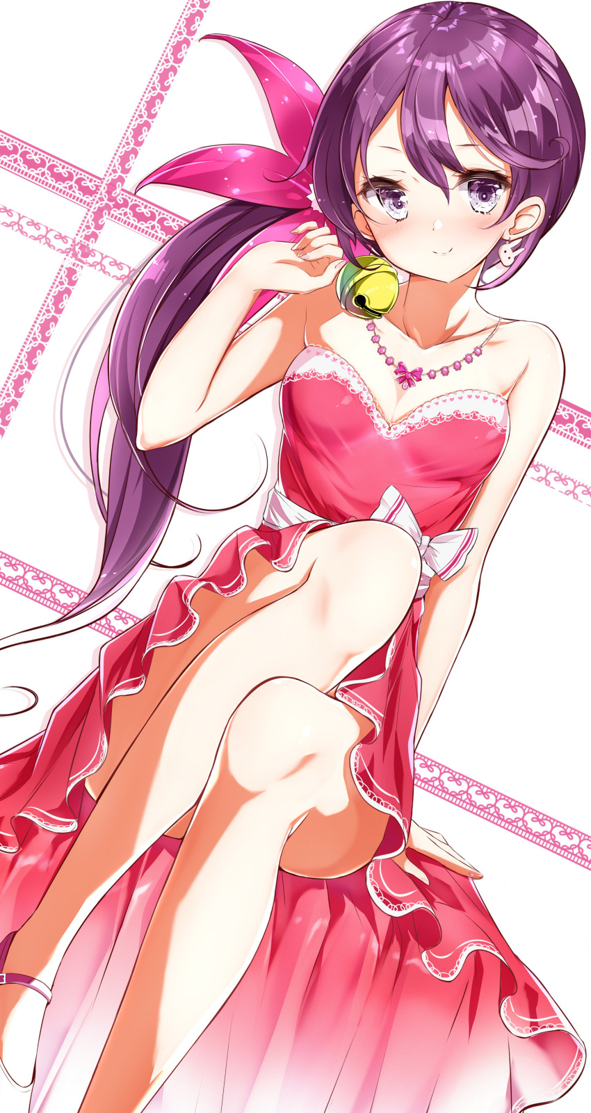 1girl absurdres ahoge akebono_(kantai_collection) bangs bare_shoulders bell blush breasts bunny_earrings collarbone dress dutch_angle earrings flower hair_bell hair_between_eyes hair_flower hair_ornament hand_up head_tilt highres jewelry jingle_bell kantai_collection kengorou_saemon_ii_sei knee_up long_hair necklace pink_footwear purple_hair red_dress shoes side_ponytail sidelocks sitting small_breasts smile strapless strapless_dress very_long_hair violet_eyes