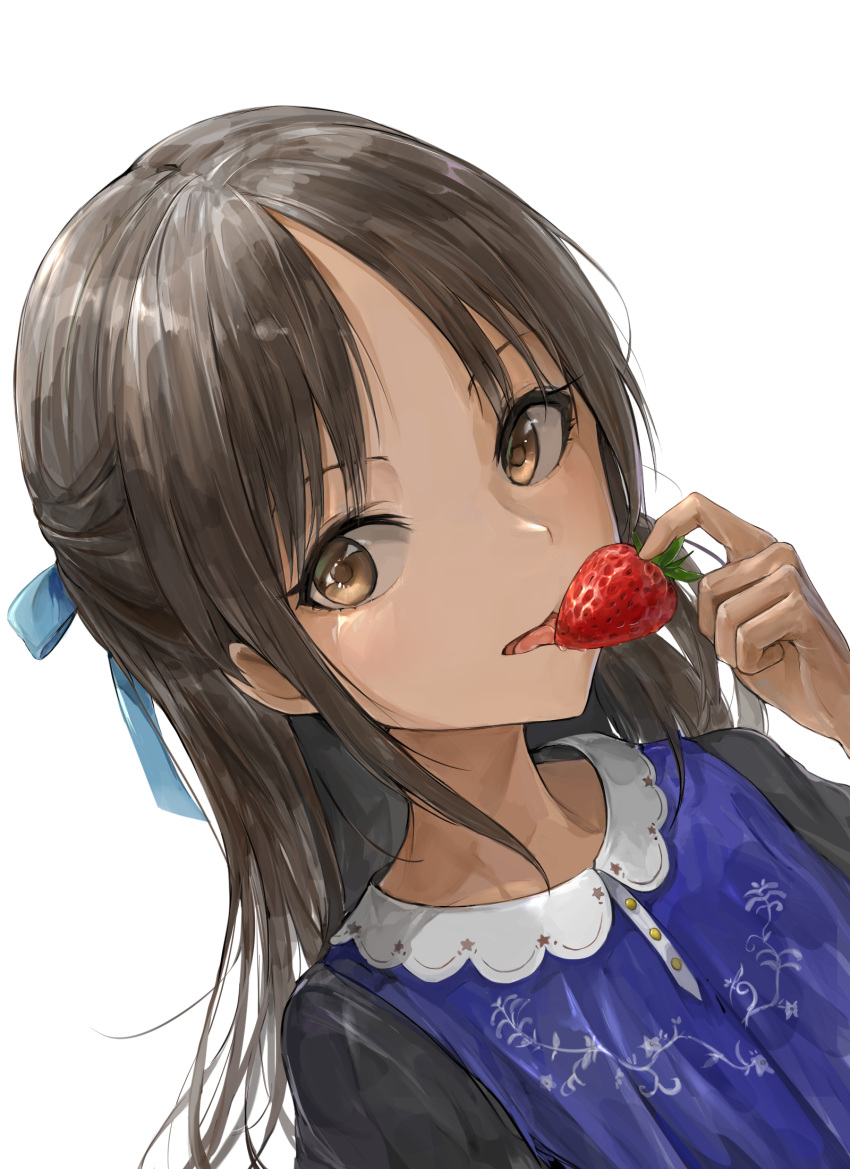 1girl bangs blue_bow blue_dress bow brown_eyes brown_hair chan1moon commentary_request dress face food fruit hair_bow highres idolmaster idolmaster_cinderella_girls licking long_hair looking_at_viewer simple_background solo strawberry tachibana_arisu tongue tongue_out white_background