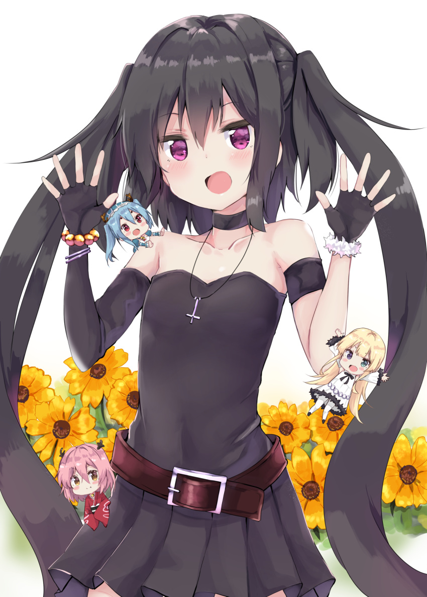 4girls :d amano_kouki asymmetrical_gloves bangs bead_bracelet beads belt belt_buckle black_dress black_gloves blonde_hair blue_hair blush bracelet brown_belt brown_eyes buckle commentary_request dress elbow_gloves eyebrows_visible_through_hair fingerless_gloves flower fur-trimmed_gloves fur_trim gloves green_eyes hair_between_eyes hands_up heterochromia highres japanese_clothes jewelry kimono long_hair multiple_girls note-chan open_mouth orange_flower original pink_hair pleated_dress red_eyes red_kimono simple_background single_elbow_glove smile strapless strapless_dress twintails very_long_hair violet_eyes white_background white_dress