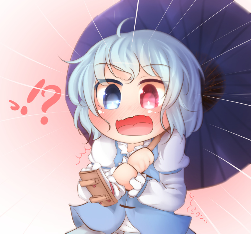 !? /\/\/\ 1girl ahoge bikuseno blue_eyes blue_hair blue_skirt blue_vest blush chibi commentary_request emphasis_lines eyebrows_visible_through_hair geta gradient gradient_background heterochromia holding holding_umbrella juliet_sleeves karakasa_obake long_sleeves looking_at_viewer open_mouth pink_background puffy_sleeves red_eyes shirt short_hair skirt solo surprised tatara_kogasa touhou umbrella upper_body vest wavy_mouth white_shirt