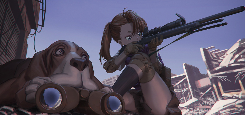 1girl aiming binoculars bipod blue_eyes bolt_action brown_hair city dog elbow_pads fingerless_gloves gloves gun highres hironii_(hirofactory) knee_pads kneehighs looking_to_the_side military original pouch rifle school_uniform scope side_ponytail sitting skirt sky sniper_rifle solo vest weapon