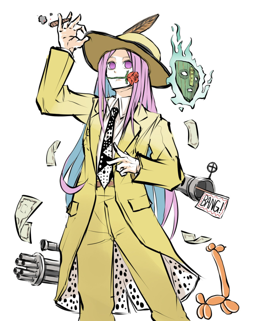 aura balloon balloon_animal belt boater_hat cigar collared_shirt cosplay empty_eyes feet_out_of_frame flag flower flower_in_mouth formal gatling_gun hand_on_headwear hat_feather hata_no_kokoro highres long_hair mask minigun money mouth_hold necktie peroponesosu. purple_hair red_flower red_rose rose shirt smoke standing stanley_ipkiss stanley_ipkiss_(cosplay) suit the_mask touhou violet_eyes weapon white_background yellow_headwear yellow_suit