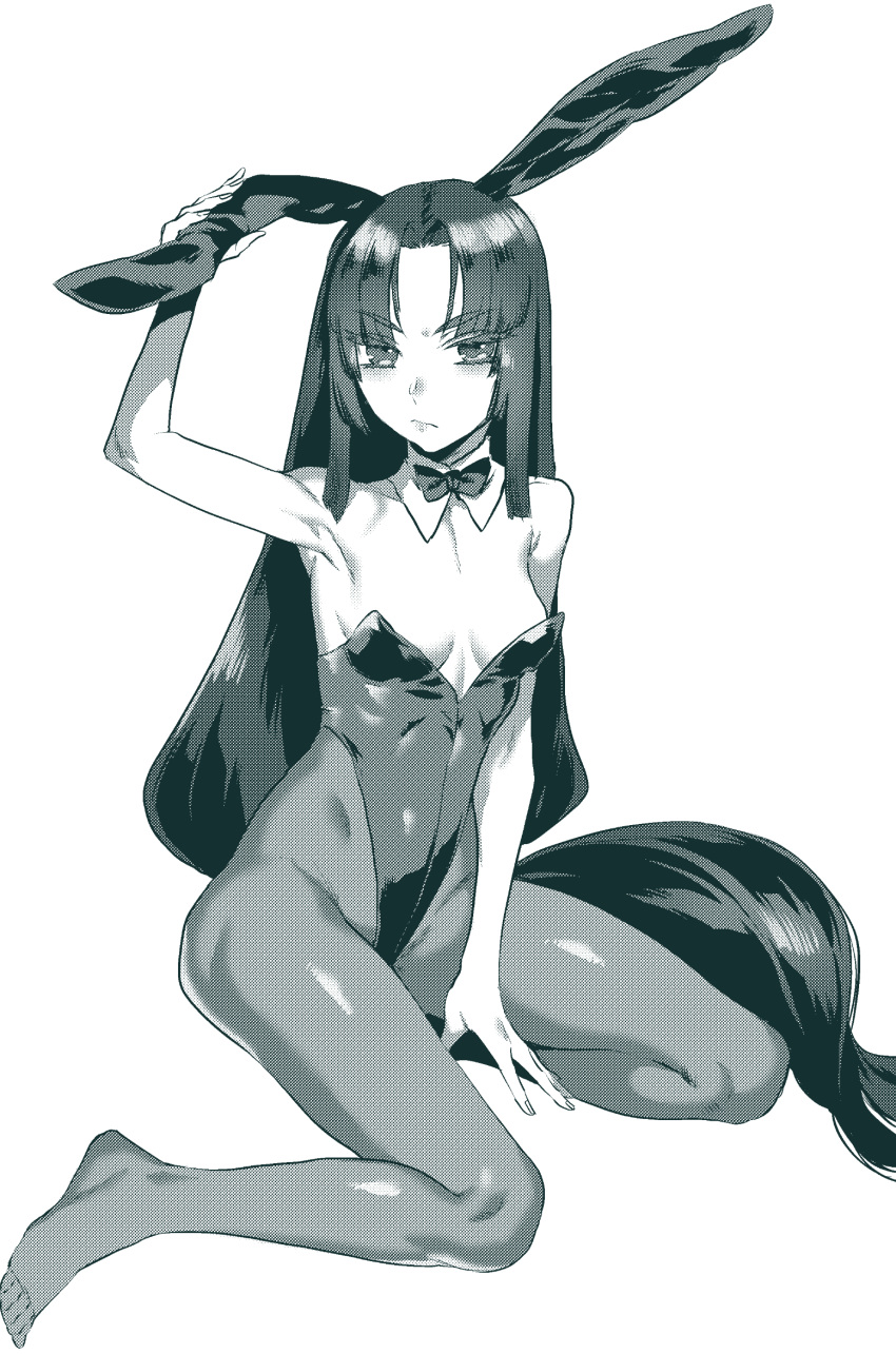 1girl absurdly_long_hair animal_ears bare_shoulders bow bowtie breasts bunny_girl bunnysuit detached_collar fate/grand_order fate_(series) full_body hair_down highleg highleg_leotard highres leotard long_hair looking_at_viewer monochrome no_shoes pantyhose rabbit_ears rokkotsu screentones simple_background small_breasts solo strapless strapless_leotard toes ushiwakamaru_(fate/grand_order) very_long_hair