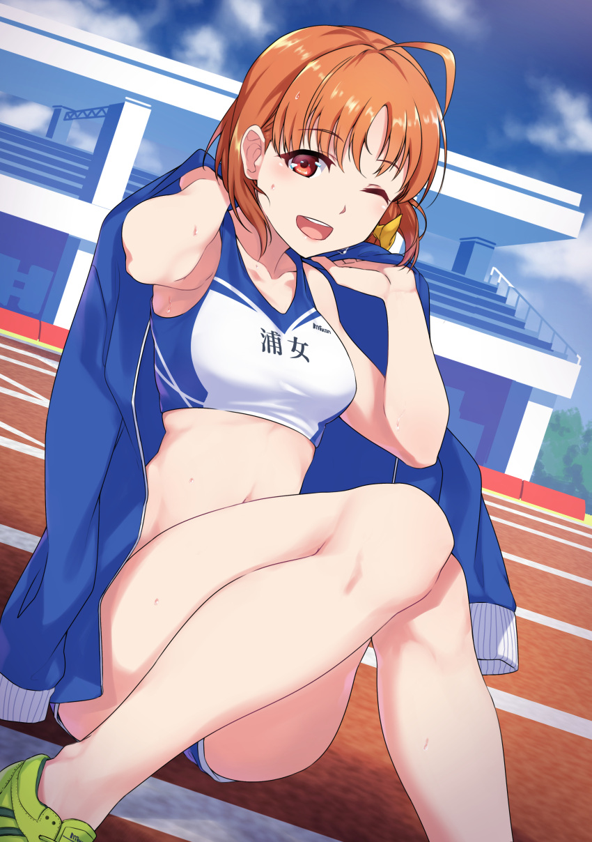 1girl ;d absurdres ahoge blue_jacket blue_sky clouds commentary_request crop_top day eyebrows_visible_through_hair highres jacket jacket_on_shoulders knees_together_feet_apart legs looking_at_viewer love_live! love_live!_sunshine!! midriff navel one_eye_closed open_mouth orange_hair outdoors red_eyes short_hair shorts sitting sky smile solo takami_chika yamaori_(yamaorimon) yellow_footwear