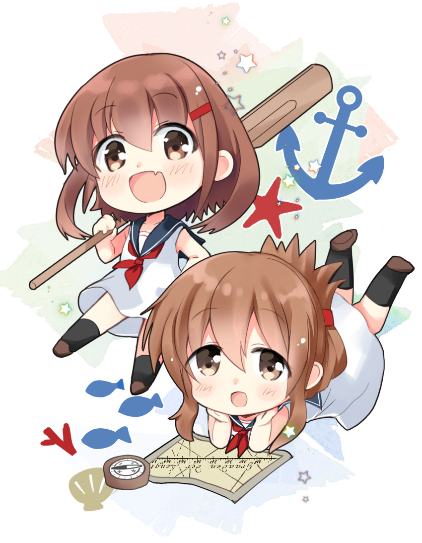 2girls anchor black_legwear black_sailor_collar brown_hair chibi compass dress fang fish folded_ponytail full_body hair_ornament hairclip highres hizuki_yayoi ikazuchi_(kantai_collection) inazuma_(kantai_collection) kantai_collection kneehighs looking_at_viewer map multiple_girls neckerchief oar open_mouth red_neckwear sailor_collar sailor_dress scallop short_hair skin_fang smile starfish white_background white_dress