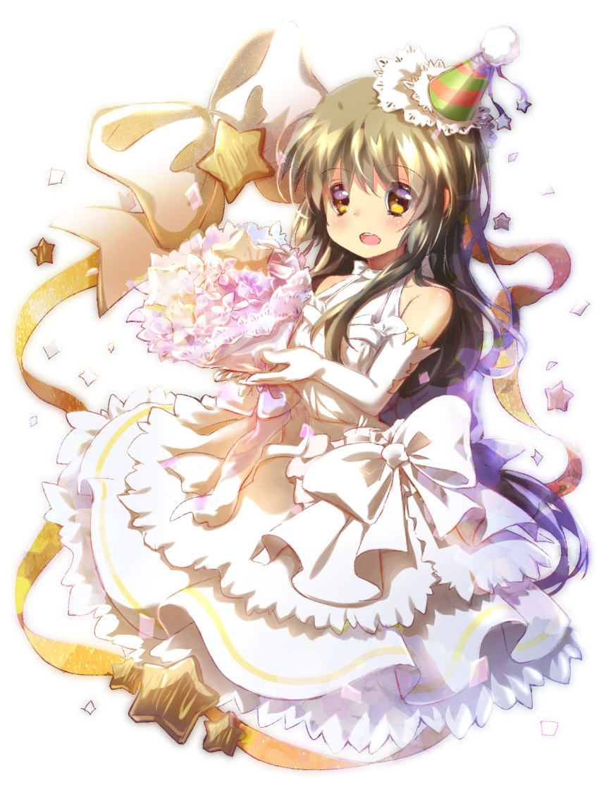 1girl alternate_costume bouquet bow brown_eyes brown_hair chinese_commentary clannad commentary_request dress elbow_gloves flower frilled_dress frilled_hat frills full_body gloves hat highres ibuki_fuuko lliissaawwuu2 long_hair low-tied_long_hair open_mouth party_hat ribbon round_teeth simple_background sleeveless sleeveless_dress solo starfish teeth upper_teeth white_background white_bow white_gloves yellow_ribbon