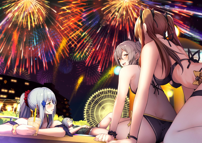 404_(girls_frontline) 4girls bangs bikini black_bikini blunt_bangs blush breasts brown_eyes brown_hair butt_crack commentary_request cup eyebrows_visible_through_hair facial_mark fireworks g11_(girls_frontline) girls_frontline green_eyes hair_between_eyes hair_ornament highres hk416_(girls_frontline) holding holding_cup large_breasts long_hair looking_at_viewer lying medium_breasts multiple_girls night on_back one_side_up open_mouth partially_submerged scar scar_across_eye scrunchie silver_hair sitting sleeping smile swimsuit teardrop tobimura twintails ump45_(girls_frontline) ump9_(girls_frontline) very_long_hair wrist_scrunchie