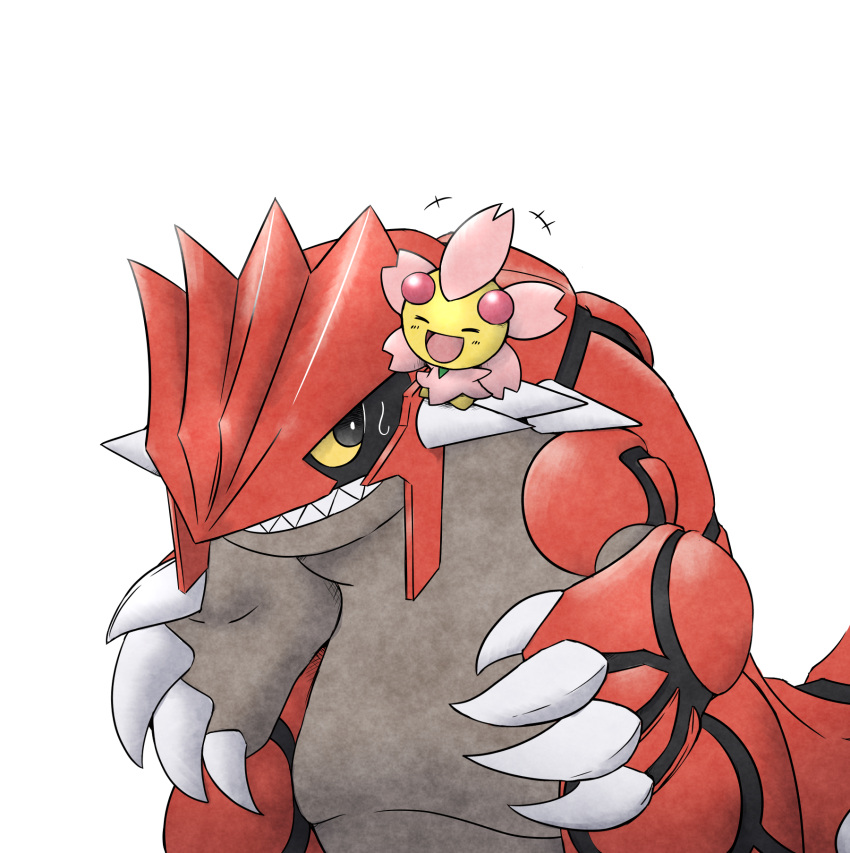 black_eyes blush cherrim claws closed_eyes gen_3_pokemon gen_4_pokemon groudon happy highres kashiwa_(3920kashiwa) legendary_pokemon light_blush looking_at_another looking_to_the_side no_humans notice_lines open_mouth pokemon pokemon_(creature) sharp_teeth simple_background size_difference smile spike standing sweat teeth white_background yellow_sclera