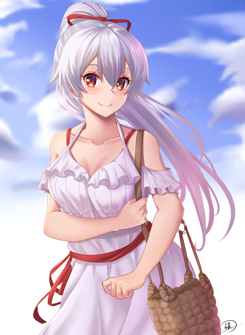 1girl absurdres bag bare_shoulders blurry blurry_background blush breasts clouds collarbone commentary_request dress fate/grand_order fate_(series) hair_between_eyes hair_ribbon highres long_hair looking_at_viewer o-ring outdoors ponytail red_eyes red_ribbon ribbon silver_hair smile solo tomoe_gozen_(fate/grand_order) vdrn1dd2gxldt3g white_dress