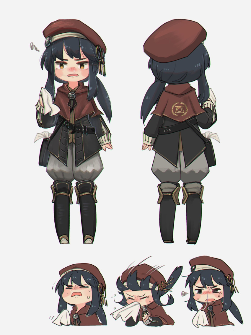 1girl bag belt black_hair blush brown_capelet capelet commentary english_commentary handkerchief hat highres long_hair long_sleeves multiple_views nose_blush original porforever puffy_pants shoulder_bag sick simple_background sneezing snot_trail squiggle white_background yellow_eyes