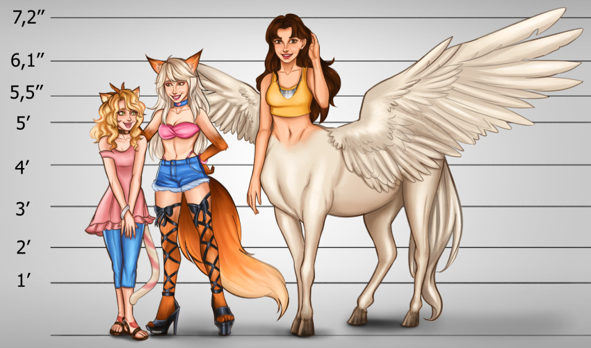3girls aerodynamict bangle bikini blonde_hair boots bracelet brown_eyes brown_hair cat_girl cat_tail centaur character_chart choker commission commissioner_upload crop_top cross-laced_footwear denim dress feathered_wings fox_girl fox_tail green_eyes height_chart highres hybrid jeans jewelry lace-up_boots looking_at_another looking_at_viewer monster_girl multicolored_hair multiple_girls necklace original pants sandals short_shorts shorts size_comparison smile spread_wings streaked_hair swimsuit tail white_hair wings